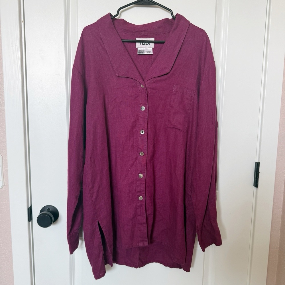 Flax Womens Linen Oversized Button Front Shirt Small Lagenlook Quite Luxury Pink